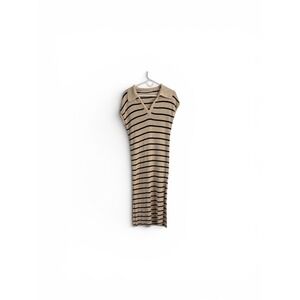 WAO Ribbed Knit Polo Midi Dress Small Beige Black Stripe Bodycon Stretch